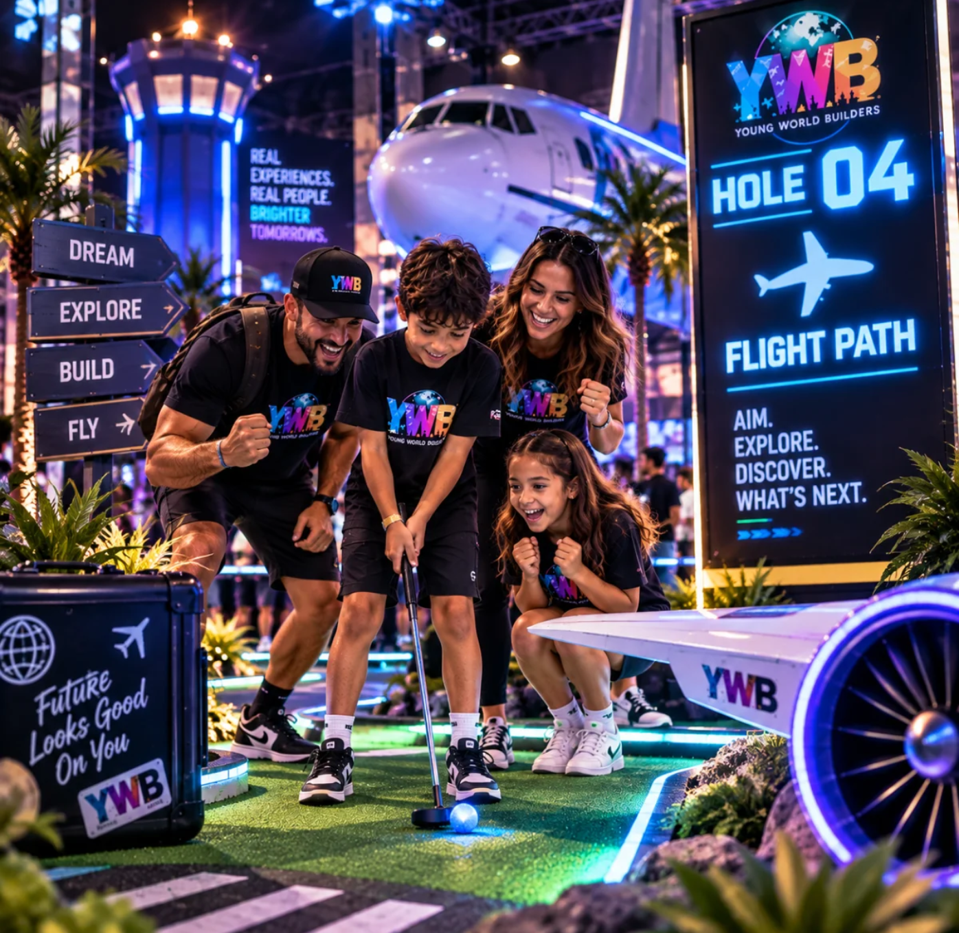Family playing the YWB Build-a-World Mini Golf Challenge